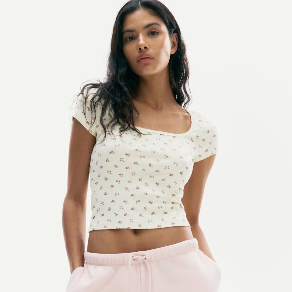 H&M PICOT-TRIMMED RIBBED T-SHIRT Cotton Jersey Top floral square neck XL